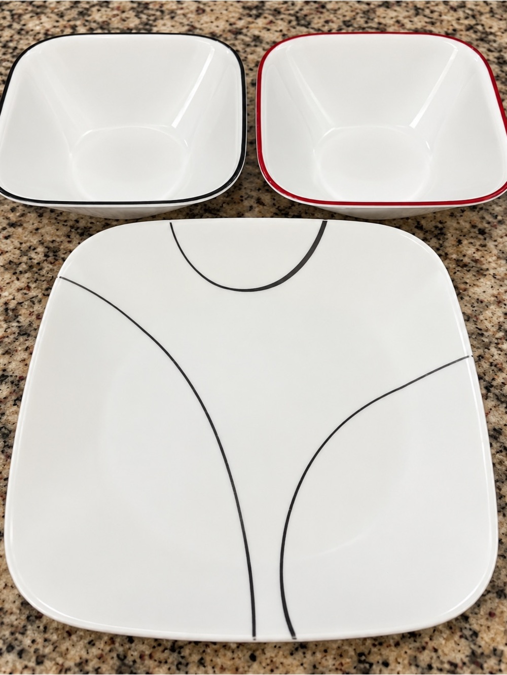 Corelle White Dinner Plate and Bowls Set with Black and Red Accents